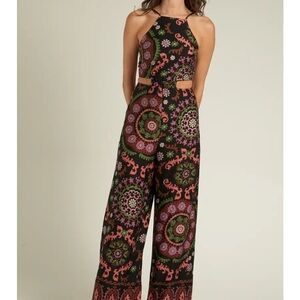 High-Neck Wide-Leg Jumpsuit in Black Floral Print